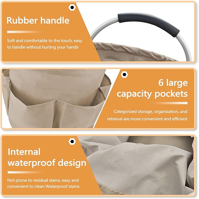 Khaki 17 L Picnic Garden Tool Bag with 6 Pockets, Foldable Bucket Organizer for Storage Camping Home Cleaning Products, Portable Garden Caddy Tote with Handle Harvest Basket (Khaki)