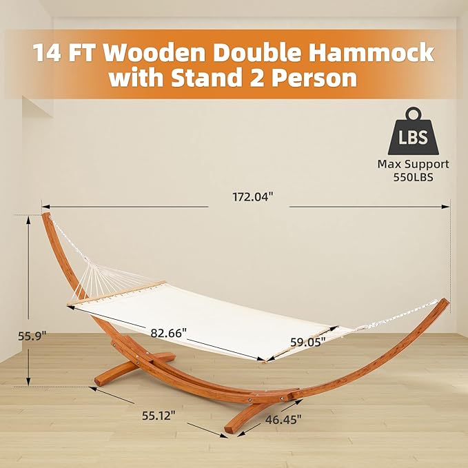 ECOTOUGE 14 FT Hammock with Stand for Outside, 2 Person Heavy Duty Wooden Hammock Stand, Large Hammock Bed for Porch, Patio, Balcony, Garden, Backyard, White-Yellow