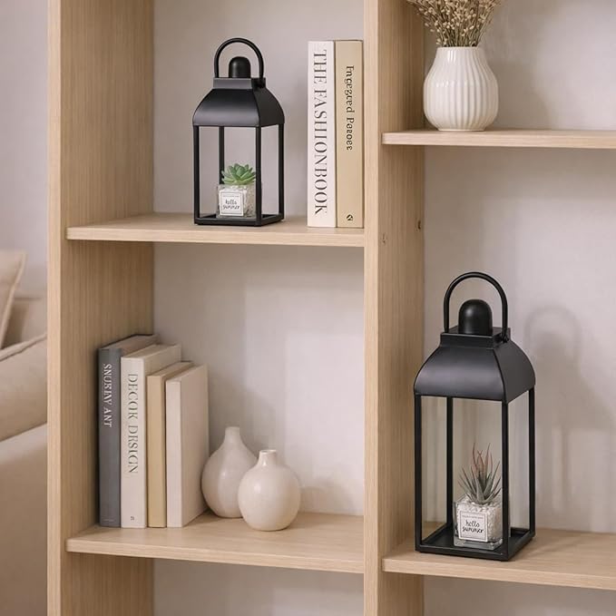 Lanterns Decorative Outdoor Indoor, Black Metal Outdoor Lanterns, 17'' 13'' Set of 2 Modern Farmhouse Candle Lantern Decor Rustic Lanterns Centerpieces for Patio, Front Porch, Mantel, Wedding