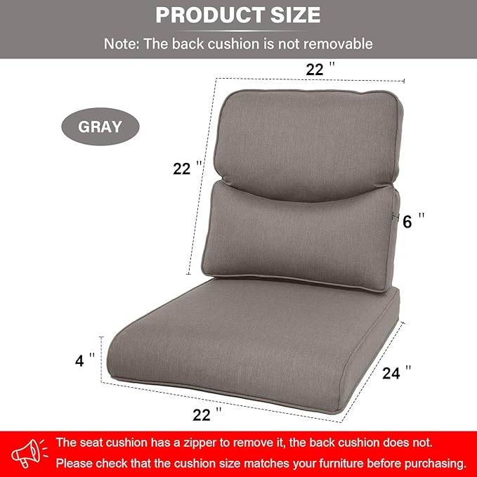 Outdoor Chair Cushions - 22 * 24" Outdoor Patio Cushions with Removable Cover, 28D High Density Sponge Filling Patio Furniture Cushions for Chairs, Rocker, Sofa and Loveseat - Grey