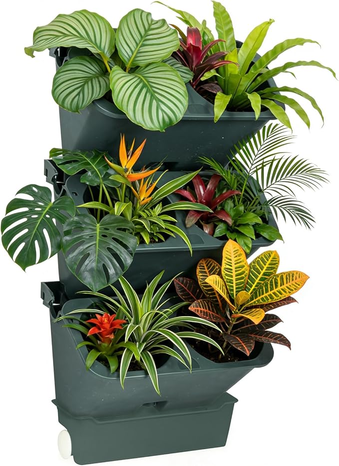 3-Tiers Vertical Wall-Mounted Planter with 6 Pots Vertical Garden Living Wall Planter Indoor Self-Watering Soil-Water Separation Stackable Plastic Planter for Herb Vegetable Flower Succulent (Green)