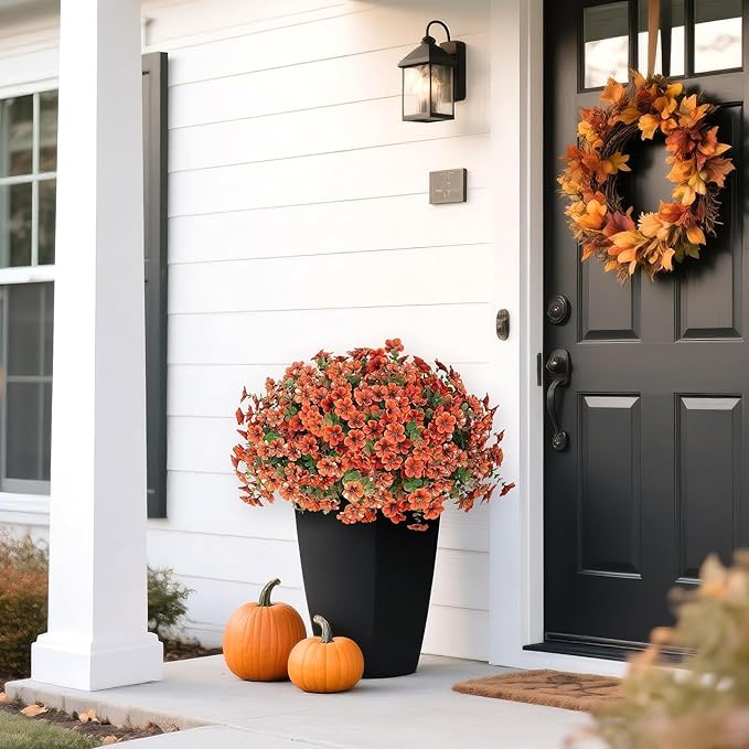 Artificial Flowers for Outdoor Fall Decoration-Faux Flower Petunia with Eucalyptus Fake Plants Boxwood for Front Door Planter Home Garden Porch Patio Thanksgiving Autumn Decor-12 Bundles (Orange)