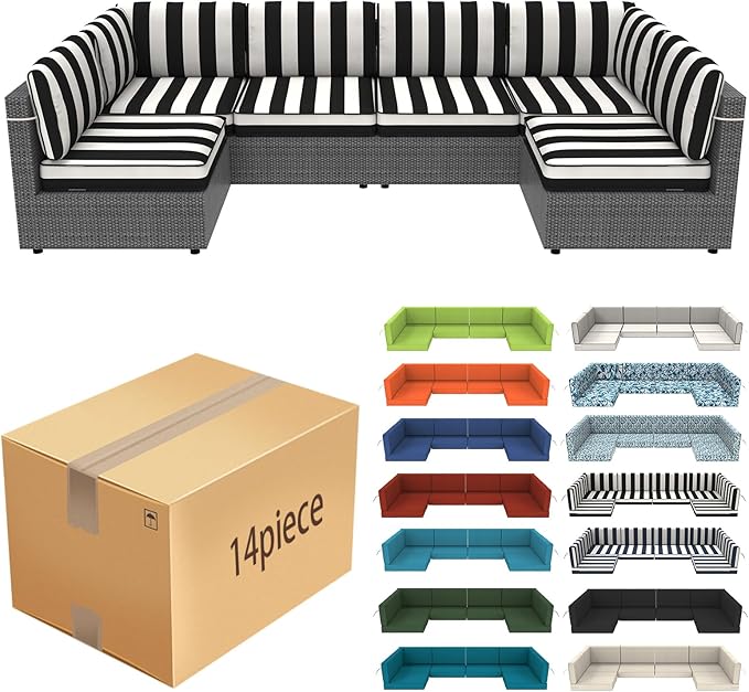 14 Pcs Outdoor Replacement Cushions for Patio Furniture, All Weather Water Resistant Cushion for 6 Seat Rattan Wicker Sectional Patio Conversation Sets and Couch (Blackstripe)