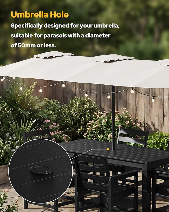 Outdoor HDPE Dining Table, All-Weather Outdoor Table with Umbrella Hole Cut-Out, Patio Furniture for Garden, Backyard, Deck (Black)