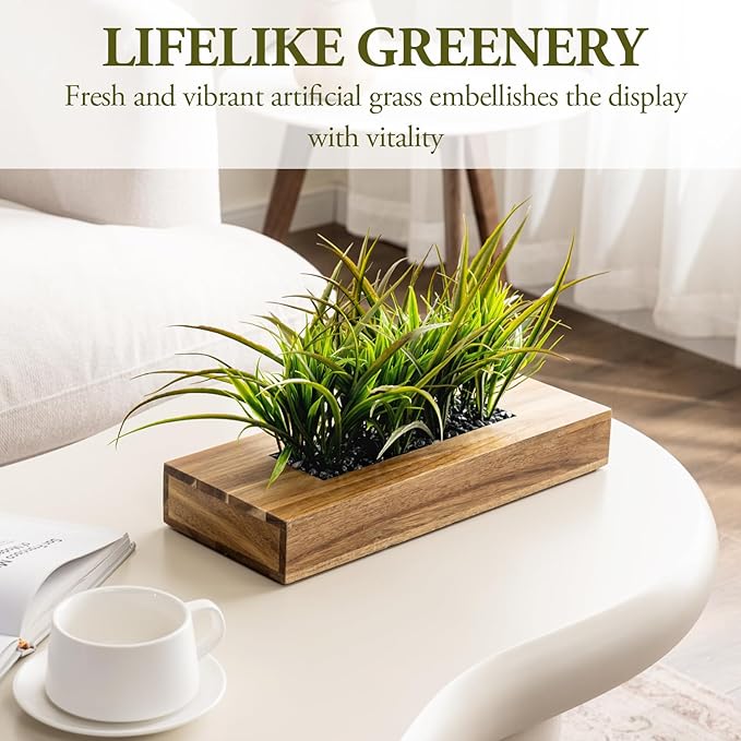 MyGift Large Artificial Green Grass Plants Potted in 14 Inch Premium Acacia Solid Wood Rectangular Planter Box, Decorative Tabletop Faux Greenery Centerpiece Décor
