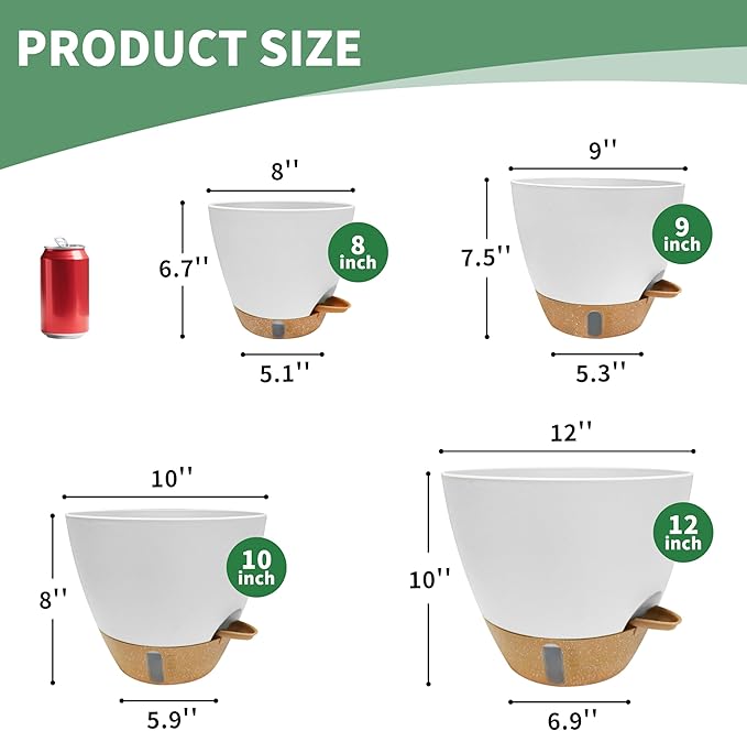 12"/10"/9"/8" Self Watering Pots with Visual Water Window,Extra Large Self Watering Plant Pots with Drainage Holes & Saucers,White Planters for Indoor Plants,4-Pack