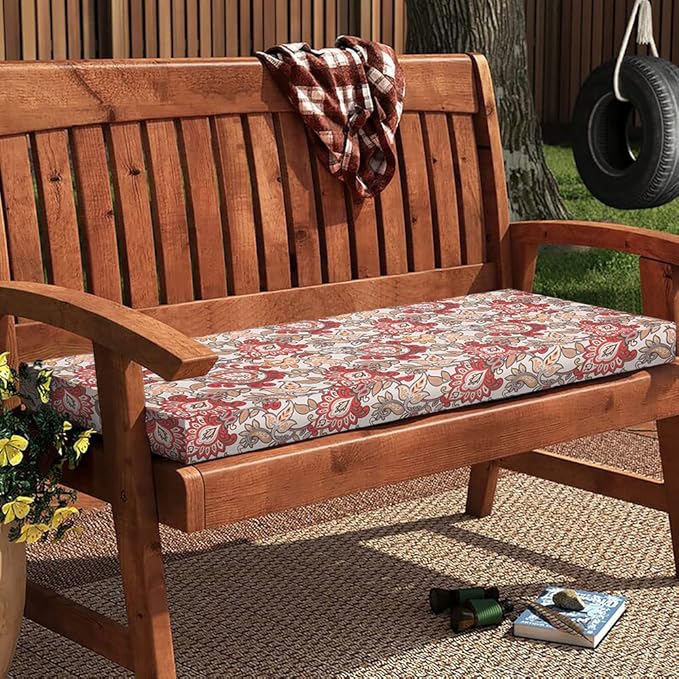 Magpie Fabrics Patio Bench Cushion Cover 48x18x3 Inch, NO Insert! Water Resistant Outdoor Loveseat Replacement Cover with Zipper (Botanical Red Orange)