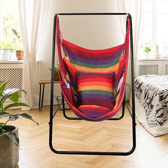 Goutime Hammock Chair,Indoor Hanging Rope Swing,Tree Swinging Chairs for Outside,Outdoor,Home, Bedroom,Patio,Yard,Garden,Balcony,Max 330 Lbs,Rainbow