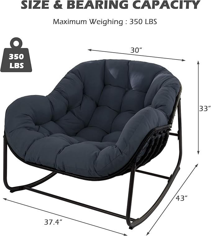 Papasan Rocking Chair, Oversized Papasan Chair with Cushion and Frame for Indoor& Outdoor, Deep Seat Egg-Shaped Rocker Chair for Garden, Deck, Living Room, Blue