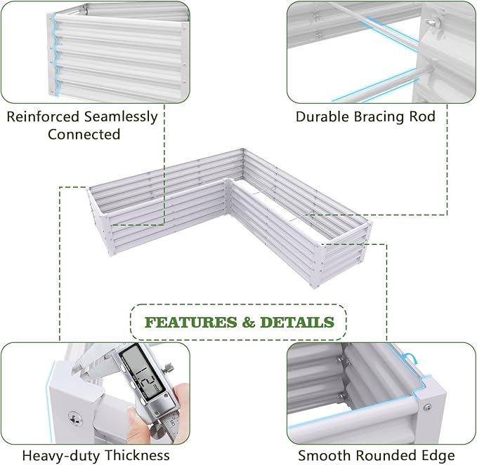 A ANLEOLIFE 8-Piece 18 Inch Tall Antique White Raised Garden Beds Kit, L-Shaped & Rectangular Metal Planters – Ideal for Backyard Vegetables Flowers Herbs