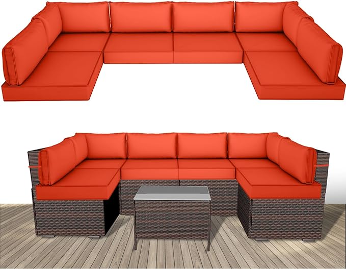 Outdoor Replacement Cushions for Patio Furniture,14-Piece Patio Water-Resistant Replacement Sofa Cushions,Fits 6-seat Sectional Rattan Conversation Set,Liner&Cover (Orange)