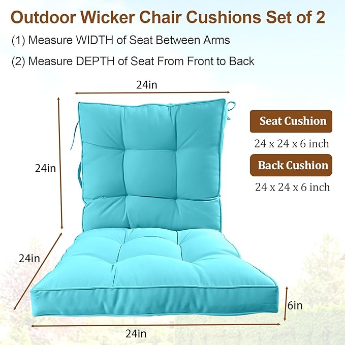 2 Piece Outdoor Patio Chair Cushions, Fade Resistant Outdoor Cushions for Patio Furniture, 6 inch Thickened Rocking Chair Cushions Set (Lake Blue, 24x24x6 inch - 2 Pieces)