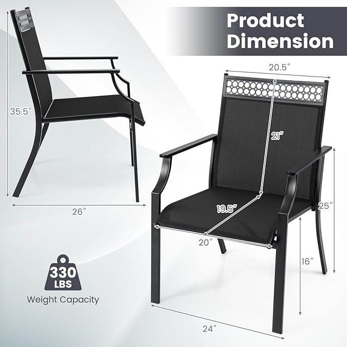 Giantex Patio Chairs Set of 2, Outdoor Chairs with All Weather Fabric, High Backrest, Armrests, Heavy Duty Metal Armchair, Outside Dining Chairs for Porch Lawn Garden Yard Pool, Black