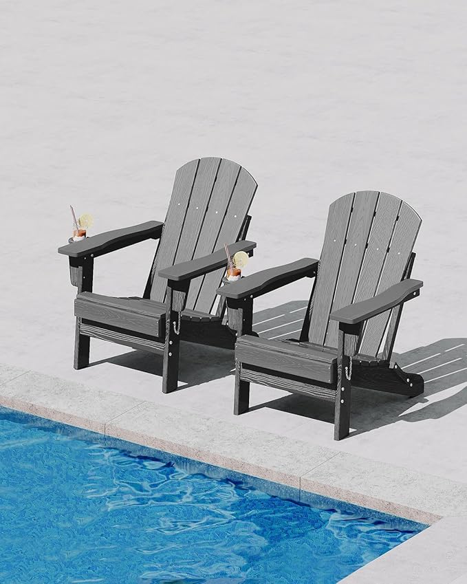 Folding Adirondack Chair Set of 6, All-Weather HDPE Outdoor Chair, Wooden Textured with Cup Holder for patios, Decks, Gardens, fire pits, Grey