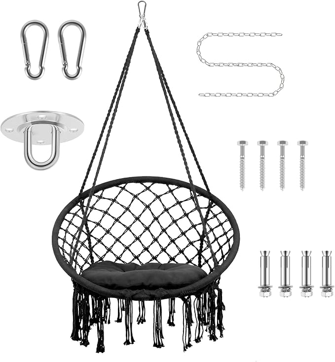 RQR Hammock Chair Macrame with Cushion, 500 LBS Heavy Duty Swing Chair, 31.5" Wide Seat, Steel O-Rings for Indoor Outdoor Bedroom and Balcony Garden (Black)