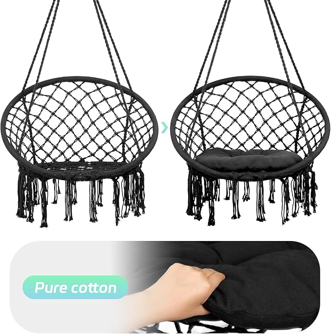 RQR Hammock Chair Macrame with Cushion, 500 LBS Heavy Duty Swing Chair, 31.5" Wide Seat, Steel O-Rings for Indoor Outdoor Bedroom and Balcony Garden (Black)