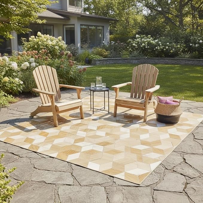 Rustic Imitation Wood Geometric Pattern Wood Grain 9x12 Outdoor Rug Brown Beige Wooden Board Print Outdoor Area Rug for Pool Patio Deck Garden Balcony Porch Non Slip Washable Outside Carpet Mat