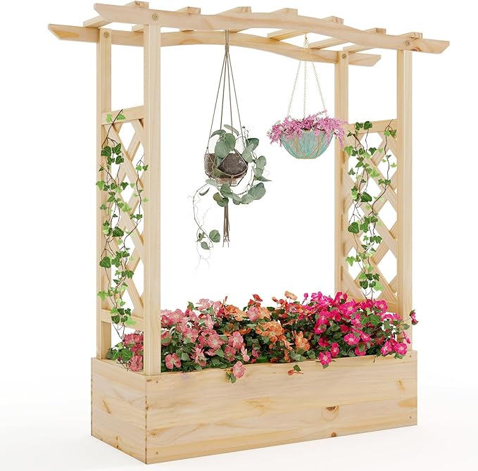 HAPPYGRILL Raised Garden Bed with Trellis, Wood Planter Box w/Hanging Roof, Drainage System, Elevated Garden Box for Climbing Vine, Outdoor Planter w/Trellis for Patio Balcony, 44" x 14" x 45"