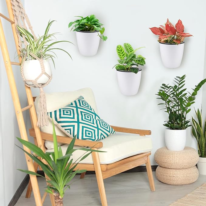 Jucoan 9 Pack Self Watering Wall Hanging Planters Pots for Indoor Plant, 5 Inch White Plastic Lazy Flower Pot with 9 Hooks for Garden Fence, Porch, Wall