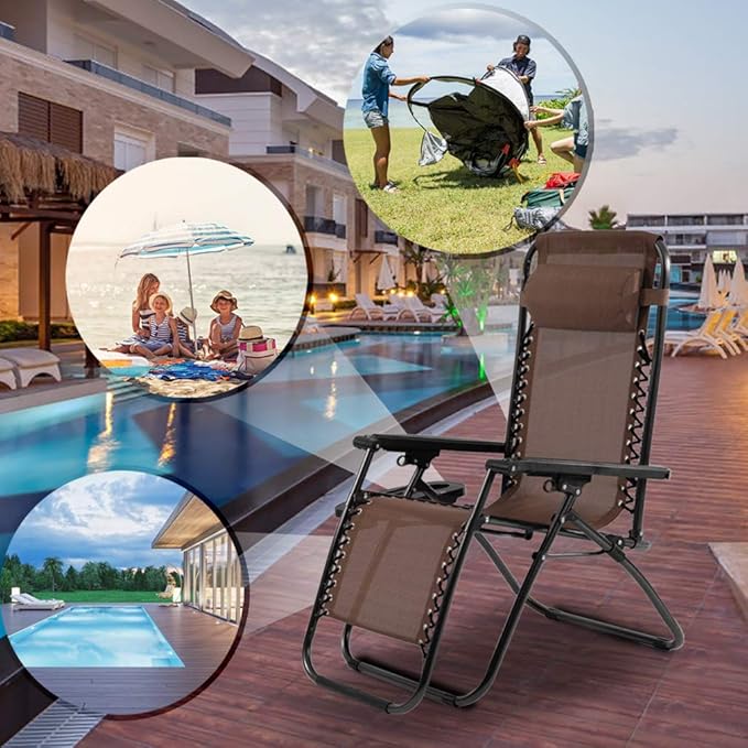 Zero Gravity Chairs Set of 2 with Pillow and Cup Holder Patio Outdoor Adjustable Dining Reclining Folding Chairs for Deck Patio Beach Yard (Brown)