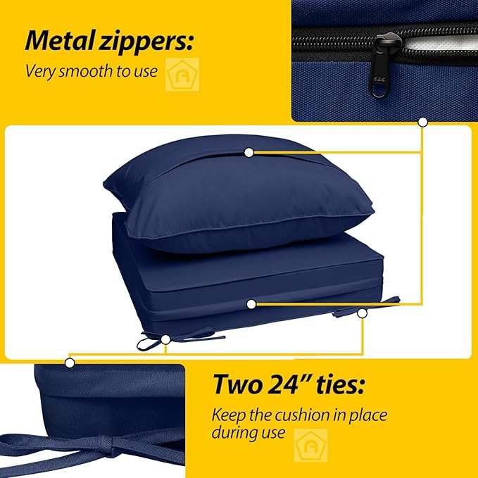 AAAAAcessories Outdoor Deep Seat Cushions, Waterproof, Fade-Resistant Patio Furniture Replacement Cushions, Set of 4, 24" x 24" x 5", Navy Blue