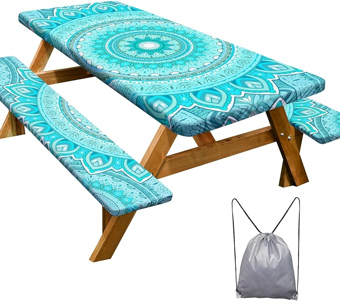 Picnic Table Cover with Bench Covers Camping Essentials Waterproof Windproof Camping Tablecloth with Drawstring Bag, Fitted Rectangle Tables and Seats, 96in, Ice Blue