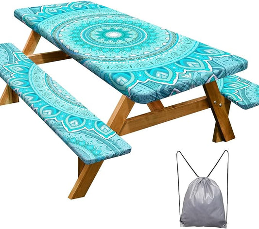 Picnic Table Cover with Bench Covers Camping Essentials Waterproof Windproof Camping Tablecloth with Drawstring Bag, Fitted Rectangle Tables and Seats, 96in, Ice Blue