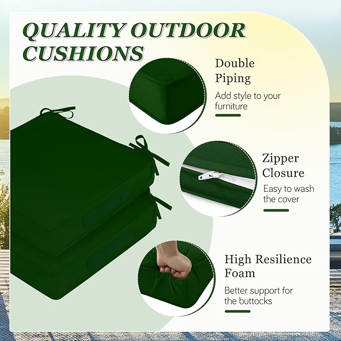 Waterproof Outdoor Chair Cushions Set of 2, Square Outdoor Seat Cushions with Ties and Removable Covers, 22 x 22 Outdoor Cushions for Patio Furniture with Portable Handle(Forest Green)