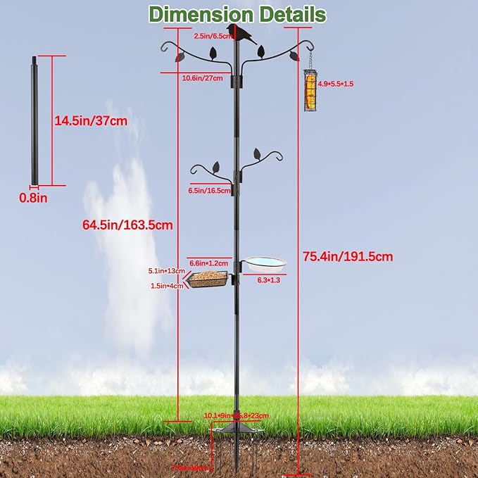 Camii 4Hook Shepherd Hooks for Outdoor, 75" Heavy Duty Bird Feeder Pole with 5 Prongs Base, Adjustable Garden Hook for Hanging Plant, Hummingbird Feeder, Lantern, Solar Light, Garden Hook for Outside