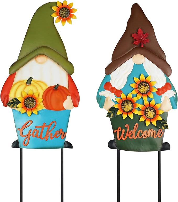 PHITRIC Fall Decorations for Home Outdoor, 2 Pcs Metal Gnome Decorative Garden Stakes with Pumpkins Sunflower for Fall Decor, Yard Signs for Garden Home Lawn Patio Thanksgiving Decorations