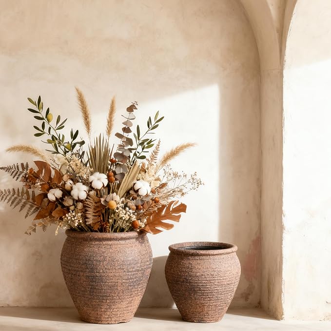 WORTH Clay-Pot-Style Plastic Planter Pots Set of 2 (Large: 17"Dia x 16"H & Small: 13"Dia x 13"H), Rustic style Flower Pots, Lightweight Plant Pots with Drainage Hole & Plug for Indoor & Outdoor Use
