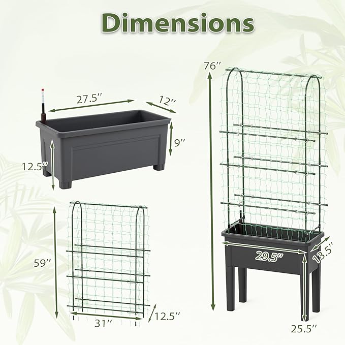 HAPPYGRILL 4-in-1 Raised Garden Bed with Climbing Trellis, Self-Watering Elevated Planter with Water Level Indicator, Drainage Hole, Outdoor Plastic Planter Box with 4 Detachable Legs for Garden Lawn