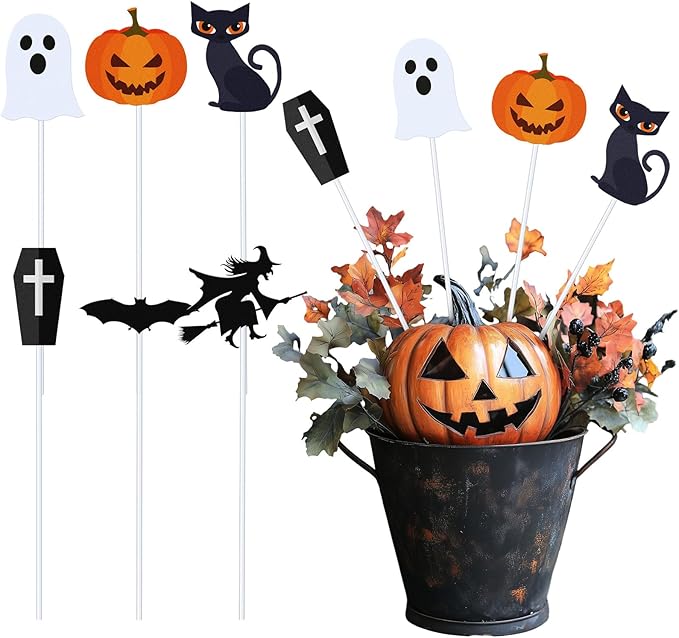 6 Pcs Metal Halloween Planter Stakes 13 Inch Halloween Props Potted Plant Decor Witch Pumpkin Black Cat Tombstone Boo Ghost Bat Garden Metal Stake Table Centerpieces Outdoor Yard Lawn Decorations