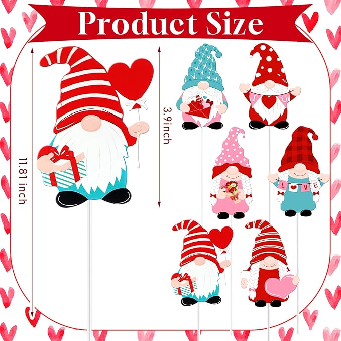 Pickmesh 6 Pcs 12 Inch Valentine's Day Metal Yard Sign Valentines Gnome Metal Yard Sign Barn Garden Stake for Planter Pot Walkway Pathway Outdoor Decor Lawn Decoration
