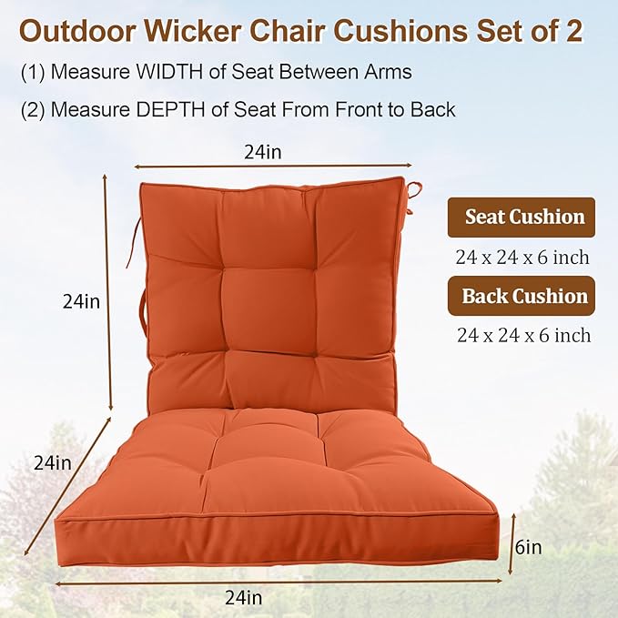 2 Piece Outdoor Patio Chair Cushions, Fade Resistant Outdoor Cushions for Patio Furniture, 6 inch Thickened Rocking Chair Cushions Set (Orange, 24x24x6 inch - 2 Pieces)