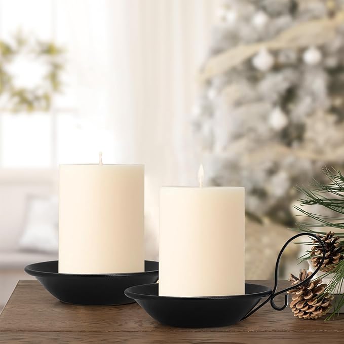 Matte Black Iron Candle Holder with Handle, 2pcs Iron Pillar Candle Holders with Safety Spike for Pillar/Ball Candles, Table Centerpiece Decoration