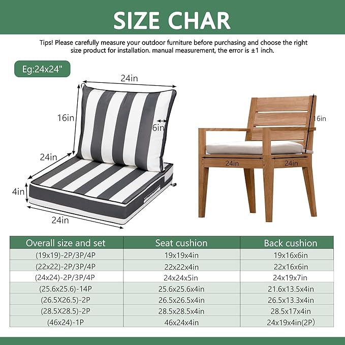 Outdoor Chair Cushions 3 Set,24 x 24 x 5IN, Patio Deep Seat Cushion for Patio Furniture, Waterproof & Fade Resistant Thick Deep Seating Pads for Outside Wicker Ratten Chair,Gray Black Striped