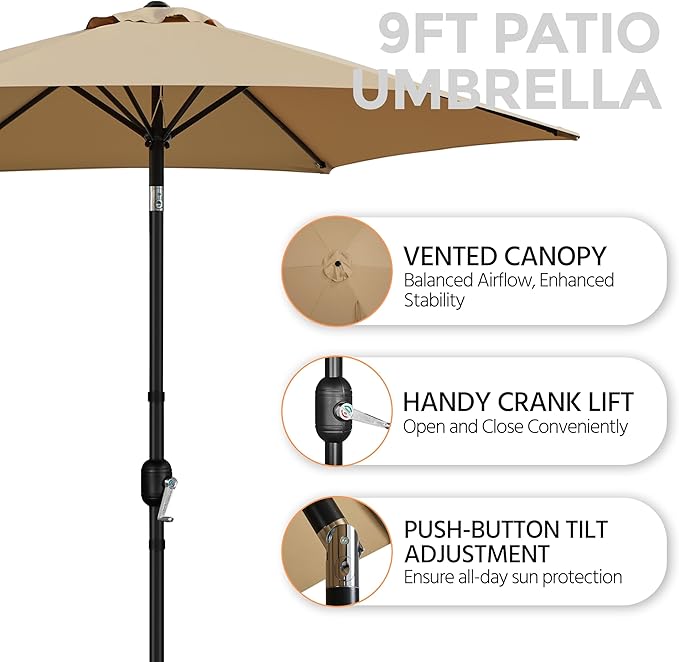 Yaheetech Patio Umbrella, 9' Outdoor Table Umbrella with Sturdy Ribs, Push Button Tilt and Crank for Pool, Yard, Garden, Deck
