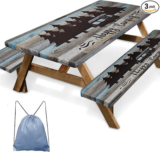 Picnic Table Cover with Bench Covers Elastic Edges, Blue Camper Fitted Table Cover, Outdoor Patio Camping Essentials 72 Inch 3PCS, Waterproof Camping Fitted Tablecloth with Drawstring Bag