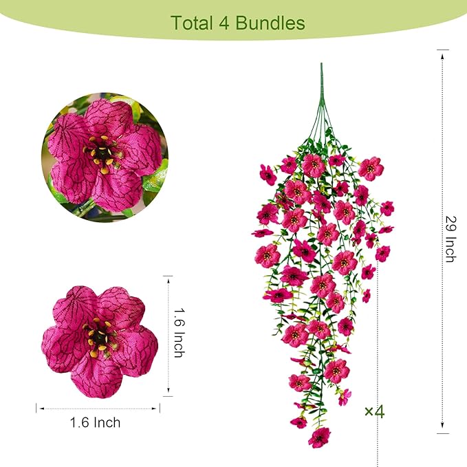 4 Pcs Fake Outdoor Artificial Flowers For Outdoors Uv Resistant, Plastic Flowers For Outdoors, Fake Hanging Plants Faux Flowers For Outdoor Planters, Silk Spring Flowers For Outside Porch（Rose Red）