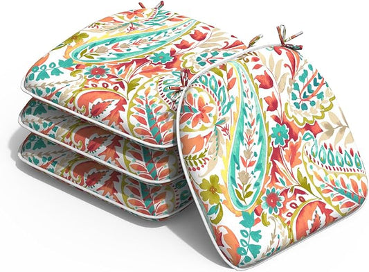 Outdoor Chair Cushions Set of 4, Water Resistant Patio Chair Pads with Ties, Seat Cushions for Home Garden Furniture Decoration, 16"x17", Pretty Paisley