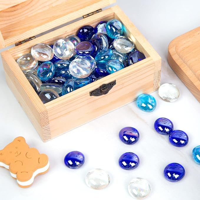 DomeStar 65PCS Iridescent Blue Flat Marbles, Decorative Glass Pebbles Beads Vase Fillers Decorative Fish Tank Aquarium Rocks for Centerpieces Table Decor