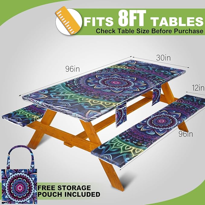 Picnic Table Cover with Bench Covers Vinyl Elastic Edges Fitted Rectangle Seat Tables Waterproof 3-Piece96X30in Set Outdoor Rectangular Folding Backing Tablecloth for Camping Over Size