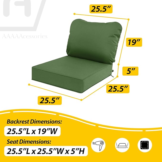 AAAAAcessories Outdoor Deep Seat Cushions, Waterproof, Fade-Resistant Replacement Cushions for Patio Furniture, 25.5" x 25.5" x 5" + 25.5" x 19", Set of 4, Woodland Green