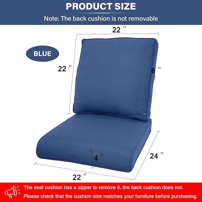 Patio Furniture Cushions - 22 * 24" Outdoor Patio Cushions with Removable Cover, 28D High Density Sponge Filling Outdoor Chair Cushions for Rocker, Sofa and Loveseat - Blue