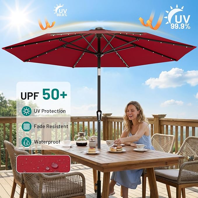 AreShark 9FT Patio Umbrella with Solar Lights, 32 LED Lighted Pool Umbrella w/Tilt and Crank, Outdoor Market Solar Umbrellas for Garden, Deck, Backyard, Pool and Beach, Dark Red