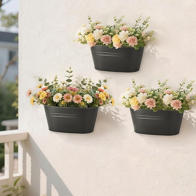 Dahey 3 Pcs Wall Planters for Indoor Plants 10.6 Inch Metal Hanging Flower Pots for Railing Fence Outdoor Countryside Window Flower Holder with Hooks Drainage Holes for Garden Yard Home Decor, Black