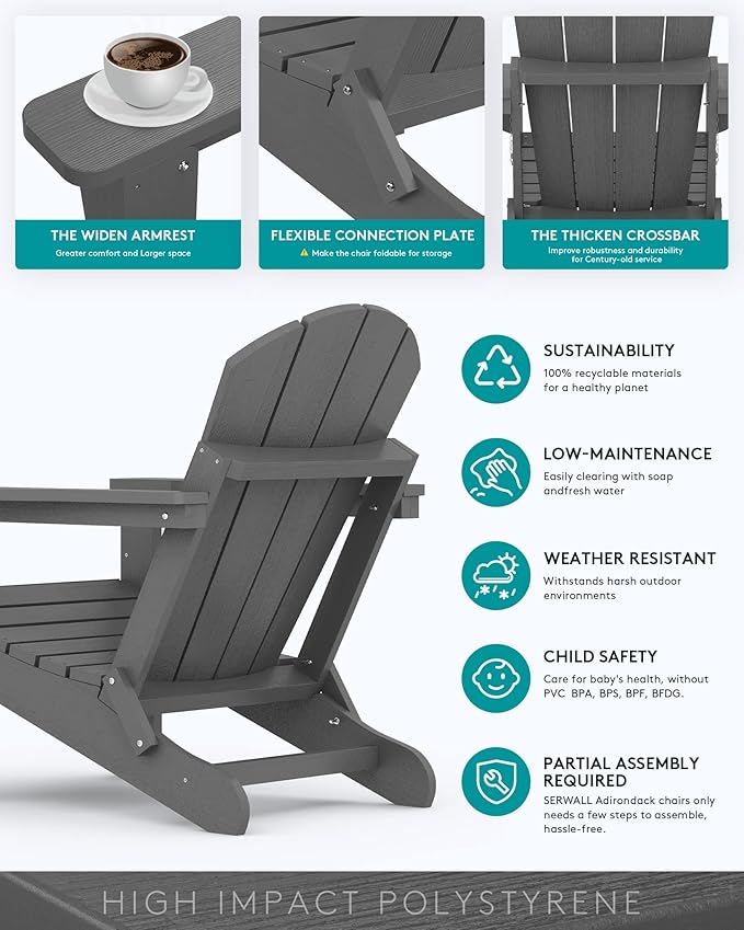 SERWALL Folding Adirondack Chair Set of 6 Weather Resistant Patio Chairs with Wood Texture Fire Pit Chairs- (Folding Gray)