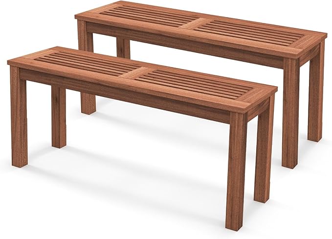 COSTWAY Outdoor Bench, 39.5” Backless Solid Wood Narrow Bench for Outside, Patio, Park, Garden & Front Porch (2)