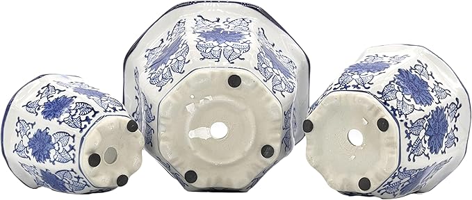 Galt International Blue & White Floral Porcelain Ceramic Decorative Flower Pot 8"/6"/4.5" Garden Pots Chinese Asian Design - Set of 3 Round Fluted
